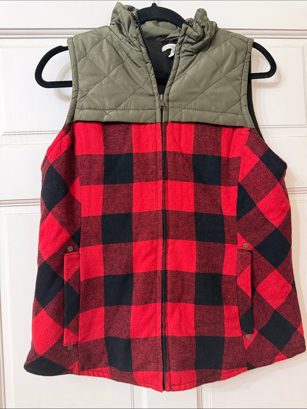 Maurices Red & Black Buffalo Plaid Quilted Hooded Vest with Olive Yoke